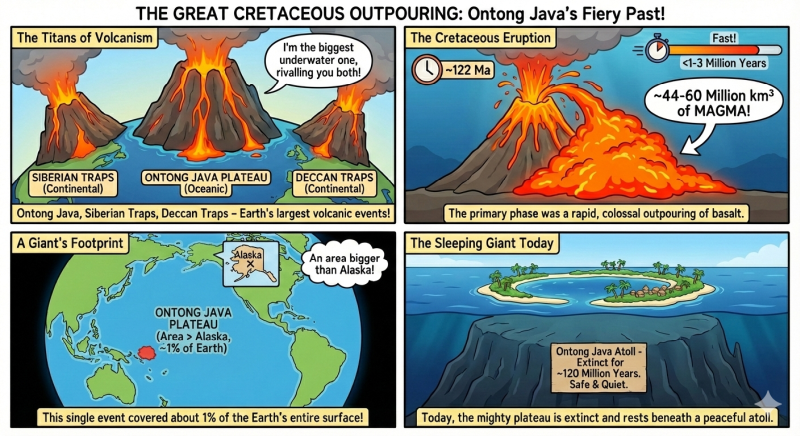 Comic infographic illustrating the massive Cretaceous eruption of Ontong Java Plateau, comparing it to Siberian and Deccan Traps, showing volume of 44-60 million km³ magma in 1-3 million years, covering 1% of Earth's surface, now extinct beneath peaceful atoll